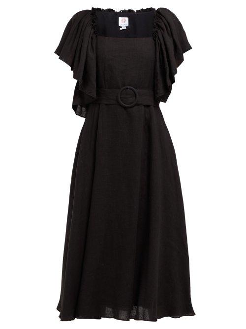 Matchesfashion.com Gl Hrgel - Ruffle Trimmed Belted Linen Midi Dress - Womens - Black