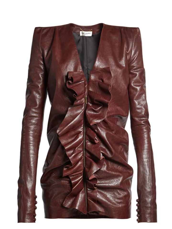 Saint Laurent Ruffled Square-shoulder Leather Mini Dress