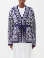 La Doublej - Cozy Belted Floral-jacquard Merino Cardigan - Womens - Navy White