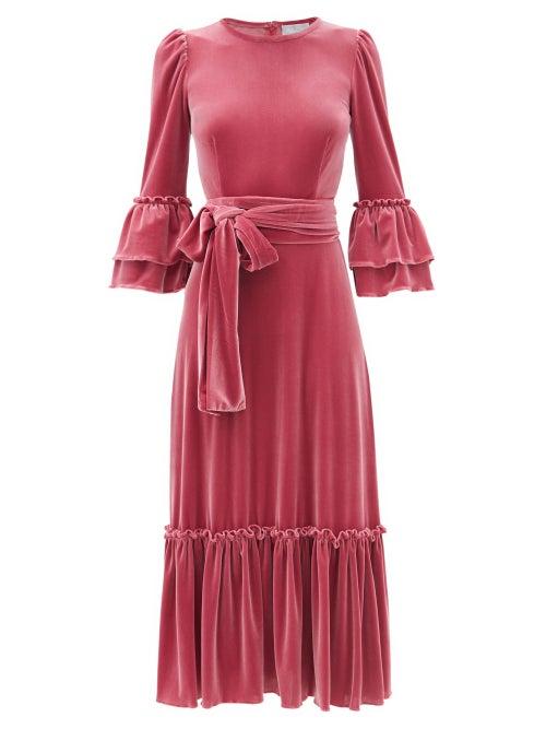 Matchesfashion.com Luisa Beccaria - Tie-waist Ruffled Velvet Midi Dress - Womens - Pink
