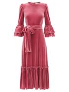 Matchesfashion.com Luisa Beccaria - Tie-waist Ruffled Velvet Midi Dress - Womens - Pink