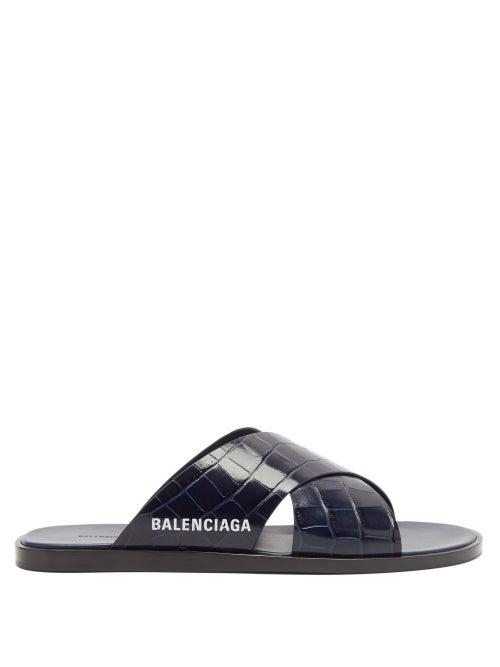 Matchesfashion.com Balenciaga - Cosy Crocodile-effect Leather Slides - Mens - Navy