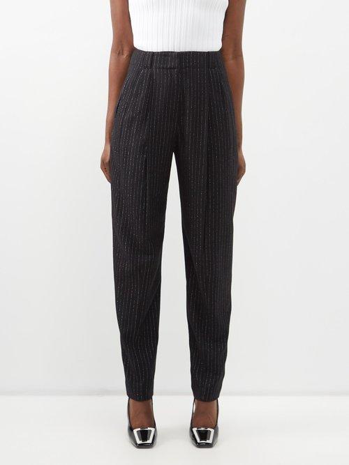 Alessandra Rich - Pleated Pinstripe Wool-blend Cropped Trousers - Womens - Black Silver