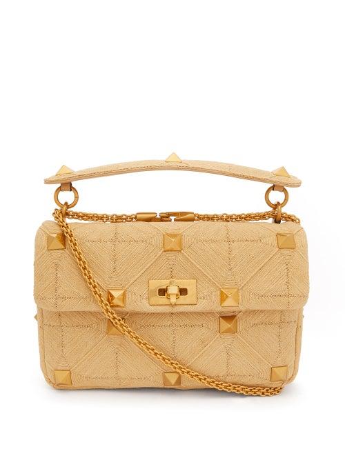 Ladies Bags Valentino Garavani - Roman Stud Medium Faux Raffia Shoulder Bag - Womens - Cream