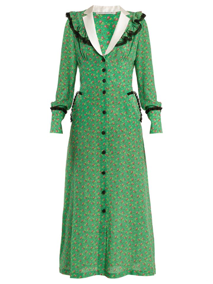 Alessandra Rich Floral-print Ruffle-trimmed Crepe De Chine Dress