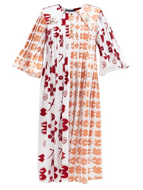 Chopova Lowena - Egoo Pleated Cotton Midi Dress - Womens - Orange Multi
