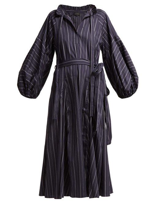 Matchesfashion.com Lee Mathews - Goldie Striped Tie Waist Cotton Dress - Womens - Dark Blue