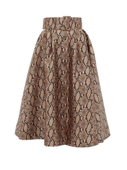 Matchesfashion.com Msgm - Snake-print Satin Midi Skirt - Womens - Beige Multi