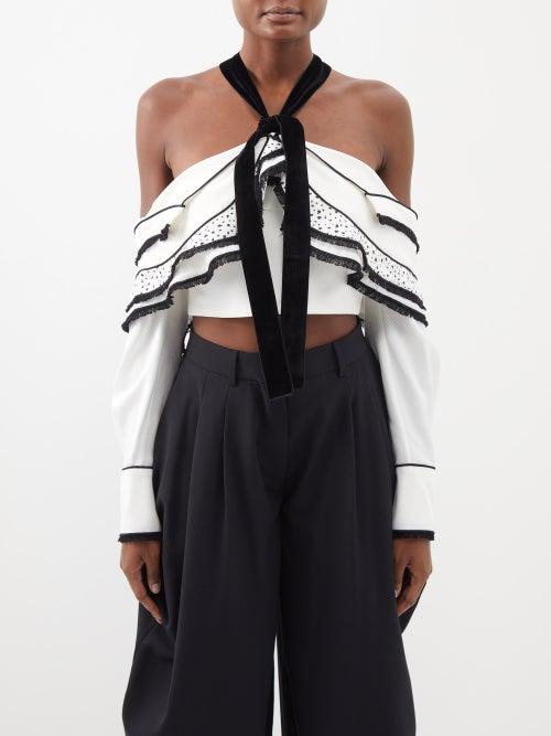 Proenza Schouler - Re-edition 2016 Fringed Crepe Halterneck Top - Womens - White Black