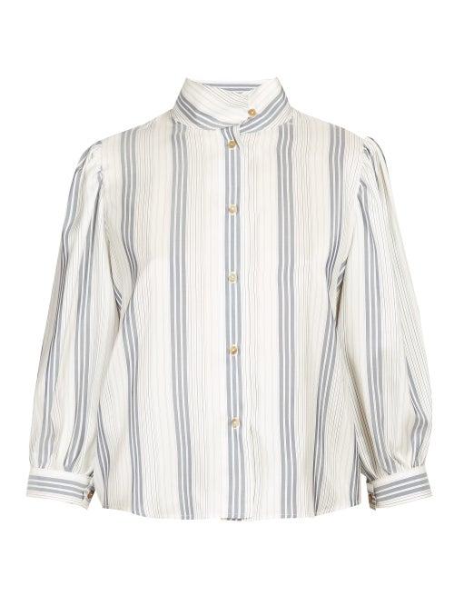 Matchesfashion.com Loewe - High Neck Striped Poplin Blouse - Womens - Navy Multi