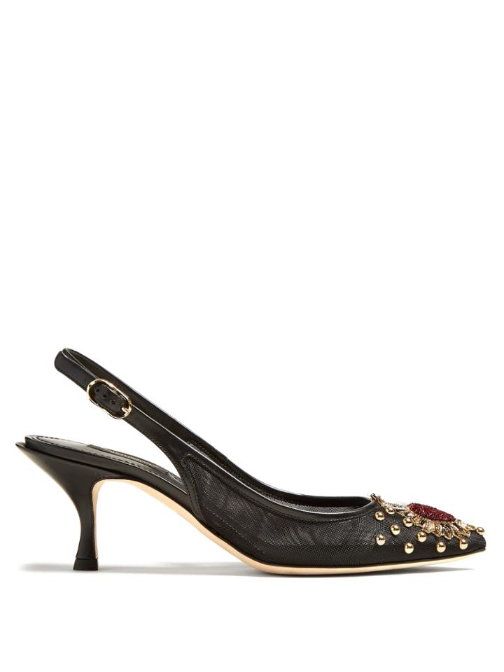Dolce & Gabbana Heart-embellished Mesh And Leather Slingback Pumps