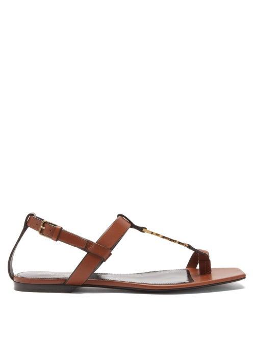 Ladies Shoes Saint Laurent - Cassandra Ysl-logo Flat Leather Sandals - Womens - Tan