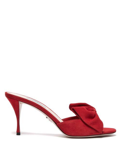 Matchesfashion.com Prada - Bow Embellished Open Toe Suede Mules - Womens - Red
