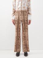 73 London - Botanical-print Silk-twill Flared Trousers - Mens - Brown Multi