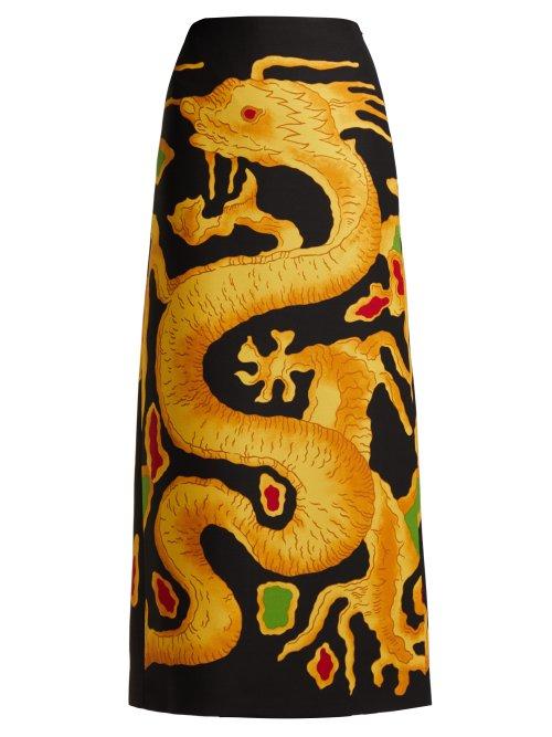 Matchesfashion.com Valentino - Dragon Print Wool And Silk Blend Skirt - Womens - Black Print