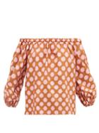 Matchesfashion.com La Doublej - Paloma Off-the-shoulder Pom Pom-print Cotton Top - Womens - Pink Print