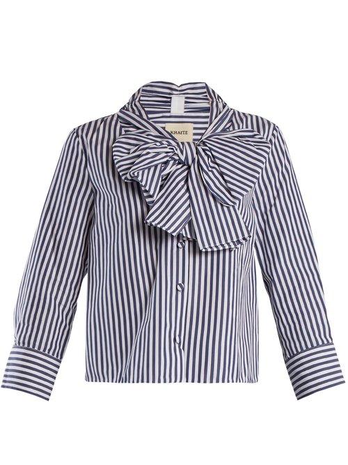 Matchesfashion.com Khaite - Natalie Striped Bow Embellished Cotton Blouse - Womens - Navy Stripe
