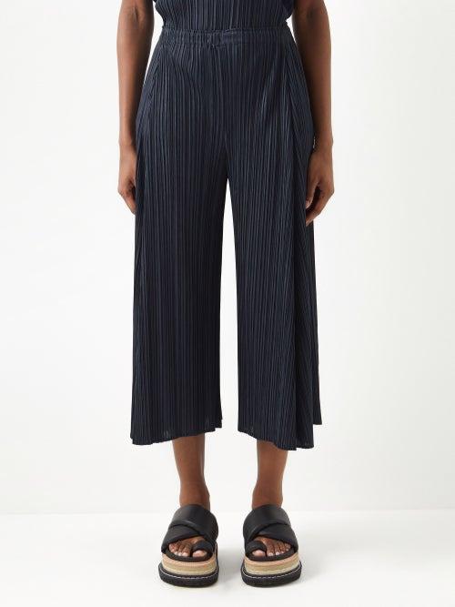 Pleats Please Issey Miyake - Technical-pleated Cropped Wide-leg Trousers - Womens - Dark Navy