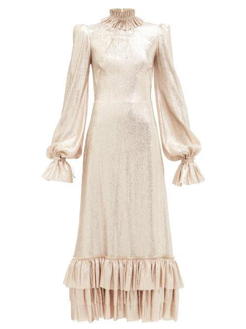 Matchesfashion.com The Vampire's Wife - The Cinderella High-neck Ruffled Lam Dress - Womens - Gold