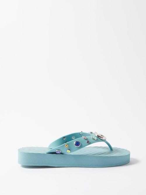 Gucci - Logo-plaque Crystal-embellished Rubber Flip Flops - Womens - Blue