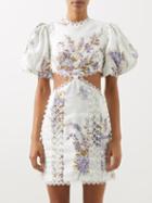 Zimmermann - Jude Floral-print Cutout Linen-voile Mini Dress - Womens - White Multi