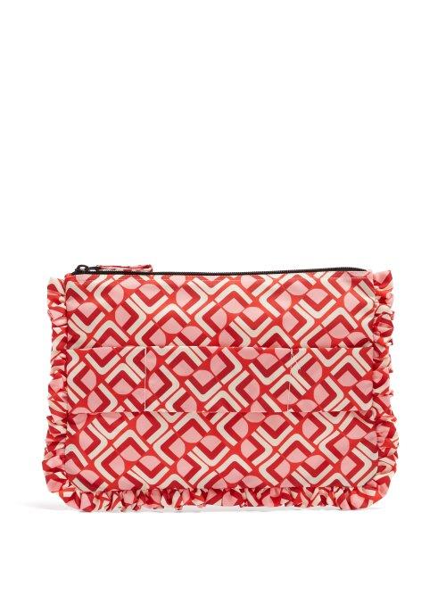 Matchesfashion.com La Doublej - Geometric Print Ruffle Trimmed Pouch - Womens - Red Multi