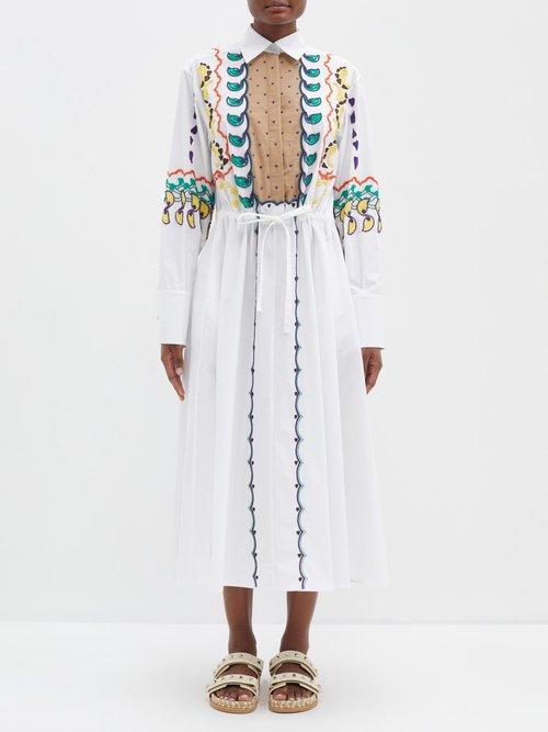 Valentino - Panelled Paisley-embroidered Cotton Shirt Dress - Womens - White Multi