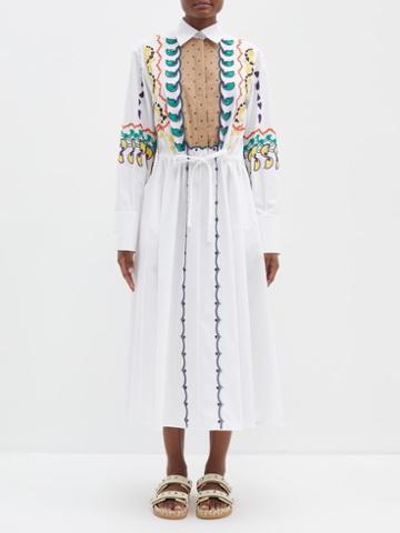 Valentino - Panelled Paisley-embroidered Cotton Shirt Dress - Womens - White Multi