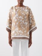 Brunello Cucinelli - Handkerchief-hem Floral Silk-crepe Top - Womens - Brown Beige