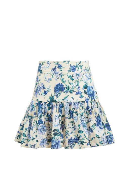 Matchesfashion.com Zimmermann - Moncur Flounce Floral Printed Mini Skirt - Womens - Blue Print