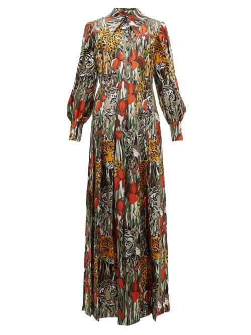 Matchesfashion.com Gucci - Animal Print Silk Shirtdress - Womens - Orange Multi