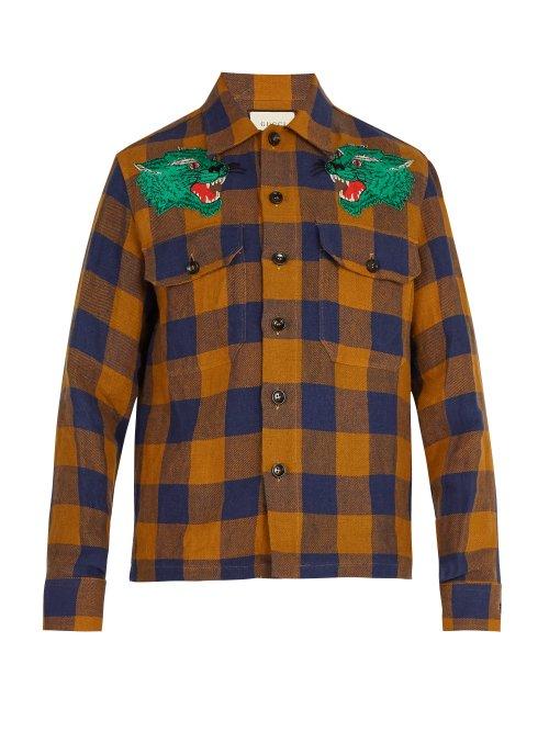 Matchesfashion.com Gucci - Checkered Green Panther Linen Shirt - Mens - Blue
