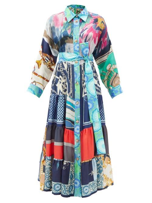 Rianna + Nina - Volant Patchwork-silk Maxi Shirt Dress - Womens - Multi