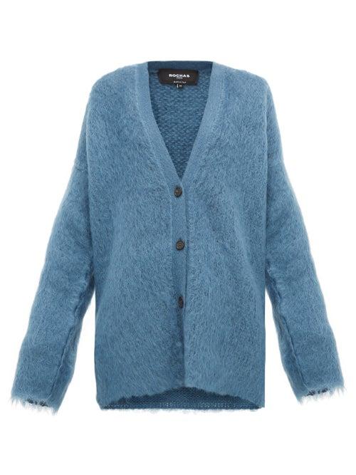 Matchesfashion.com Rochas - Oversized V Neck Mohair Blend Cardigan - Womens - Blue