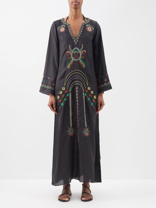 Muzungu Sisters - India Embroidered Silk Kaftan - Womens - Black Multi