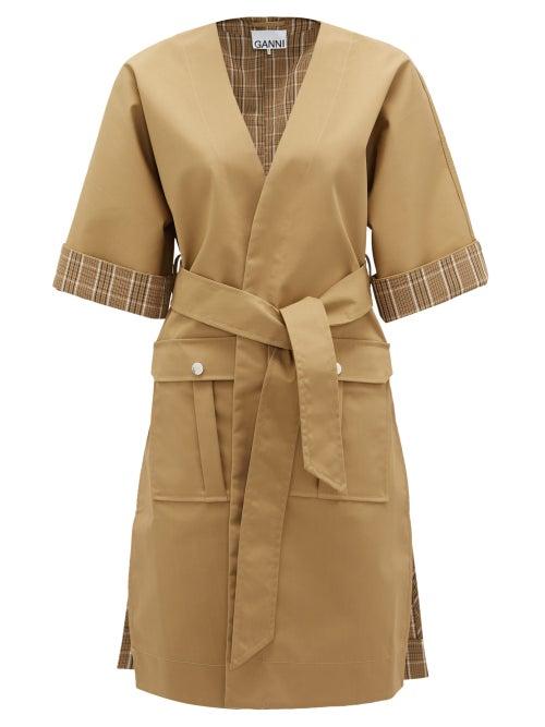 Matchesfashion.com Ganni - Plaid-trim Wrap-front Cotton-blend Jacket - Womens - Beige