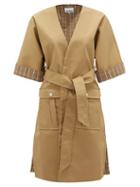 Matchesfashion.com Ganni - Plaid-trim Wrap-front Cotton-blend Jacket - Womens - Beige
