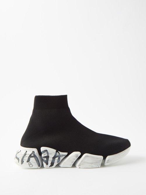 Balenciaga - Speed Graffiti-print Recycled-knit Trainers - Mens - Black White