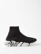 Balenciaga - Speed Graffiti-print Recycled-knit Trainers - Mens - Black White