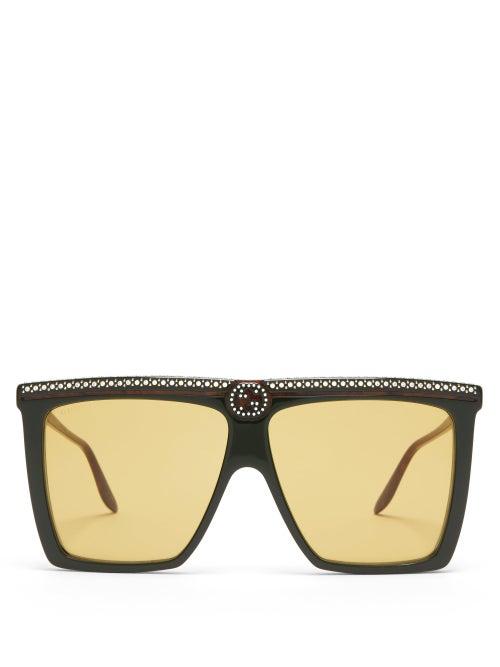 Matchesfashion.com Gucci - Gg-crystal Flat-top Acetate Sunglasses - Womens - Black Green