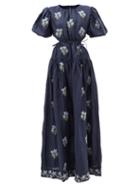 Agua By Agua Bendita - Samba Floral-embroidered Linen-blend Maxi Dress - Womens - Navy Multi