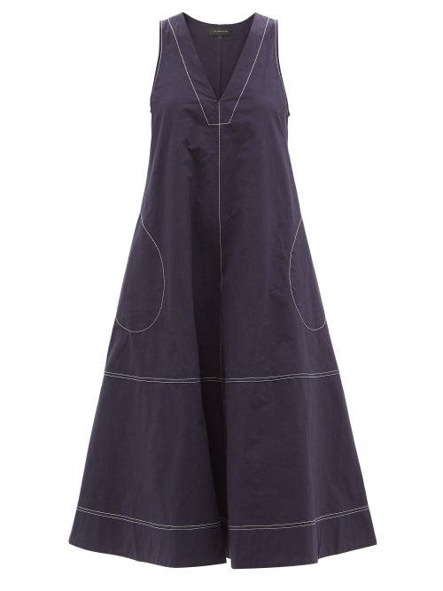 Lee Mathews - Preston V-neck Cotton Midi Dress - Womens - Navy