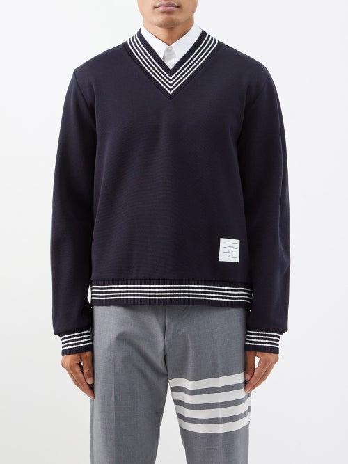 Thom Browne - V-neck Wool Sweater - Mens - Navy