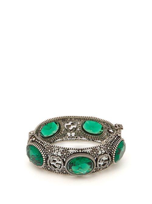 Matchesfashion.com Gucci - Gg Sterling Silver And Crystal Bangle - Womens - Green