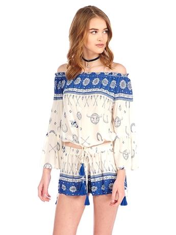 Surf Gypsy By Vintage Havana Dusty Sky Print Peasant Blouse
