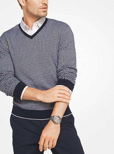 Michael Kors Mens Check Cotton V-neck Pullover