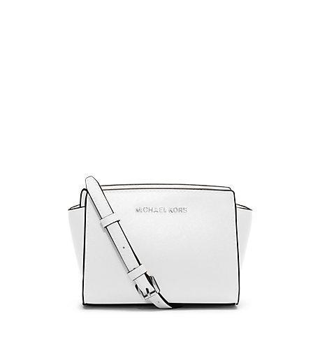 Michael Kors Selma Saffiano Leather Mini Messenger In Optic White