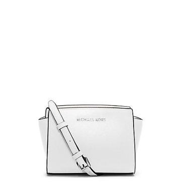 Michael Kors Selma Saffiano Leather Mini Messenger In Optic White