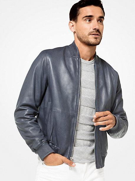 Michael Kors Mens Washed Leather Bomber Jacket