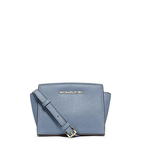 Michael Kors Selma Saffiano Leather Mini Messenger In Pale Blue
